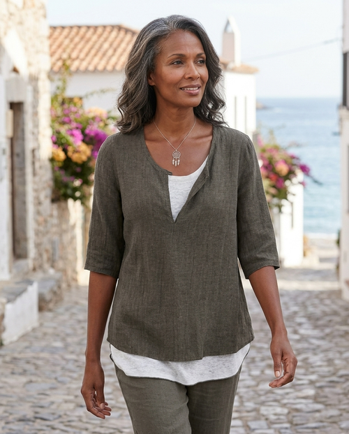 Vivienne | Women's Split-Neck Three-Quarter Sleeve Blouse