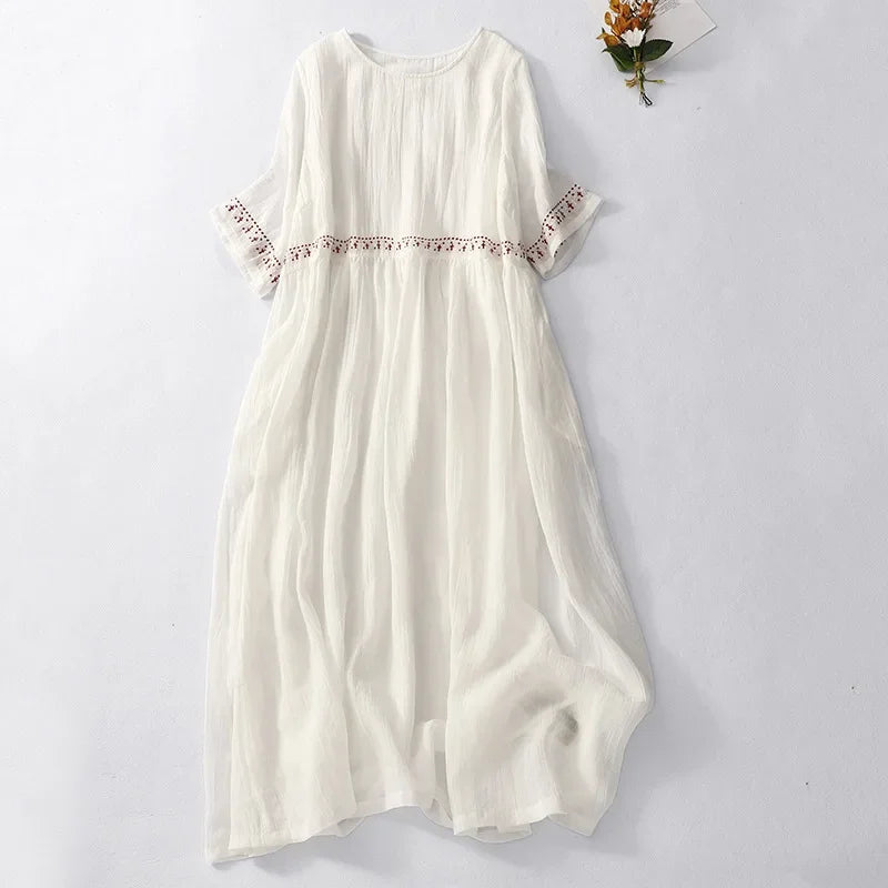 Annelise | Cotton Linen Midi Dress with Boho Embroidery