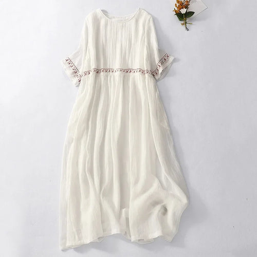 Annelise | Cotton Linen Midi Dress with Boho Embroidery