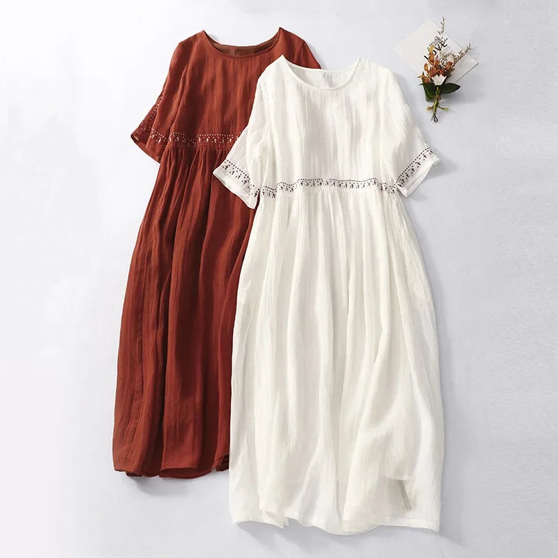 Annelise | Cotton Linen Midi Dress with Boho Embroidery
