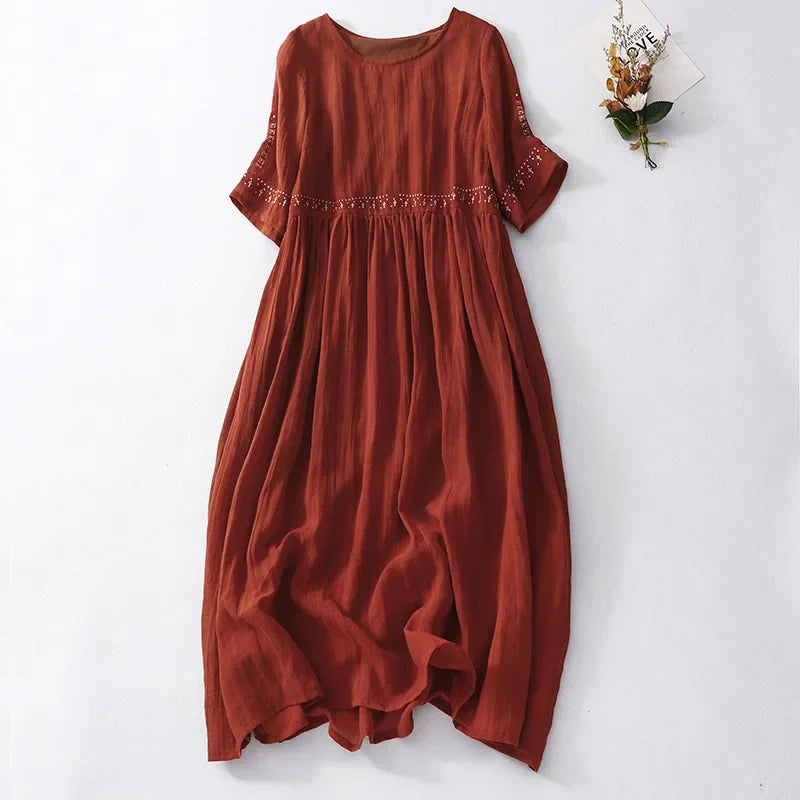 Annelise | Cotton Linen Midi Dress with Boho Embroidery