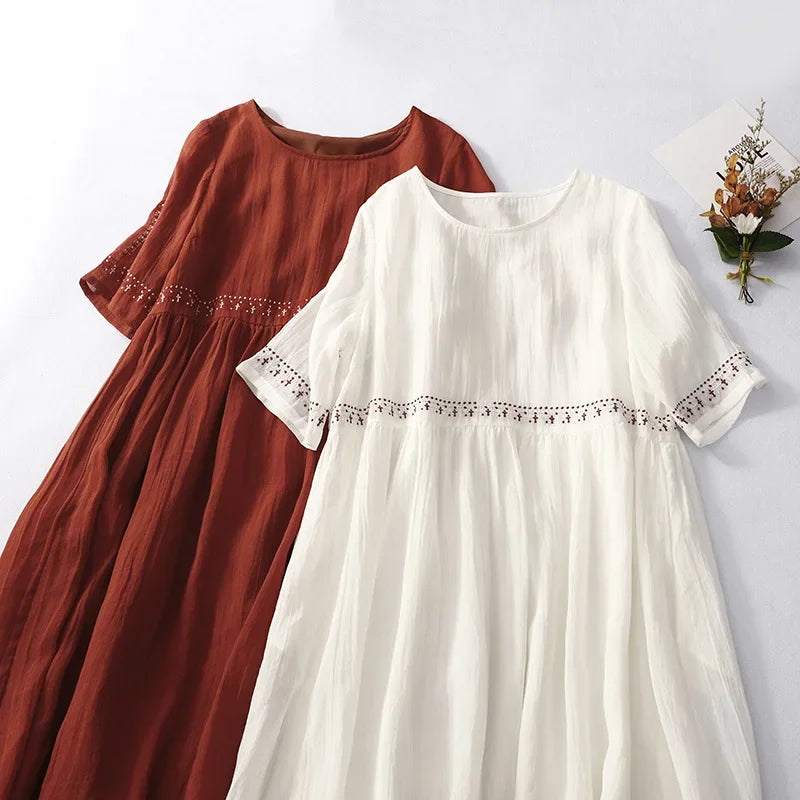Annelise | Cotton Linen Midi Dress with Boho Embroidery