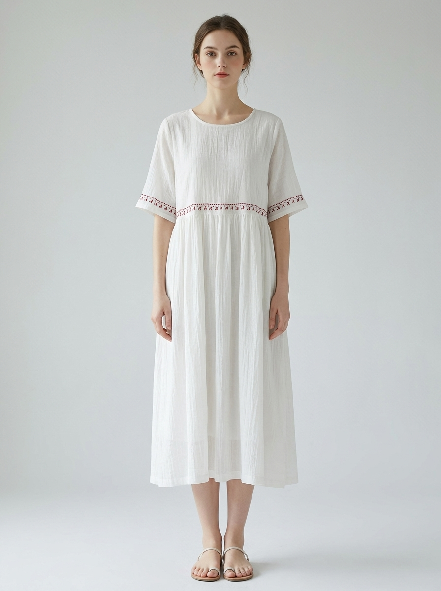 Maribel | Women's Embroidered Cotton-Linen Midi Dress