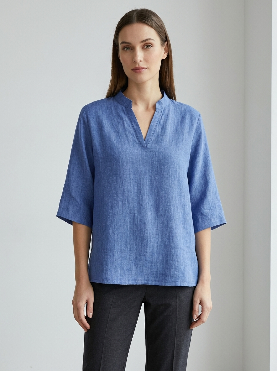 Estelle | Women's Linen V-Neck Three-Quarter Sleeve Tunic Blouse