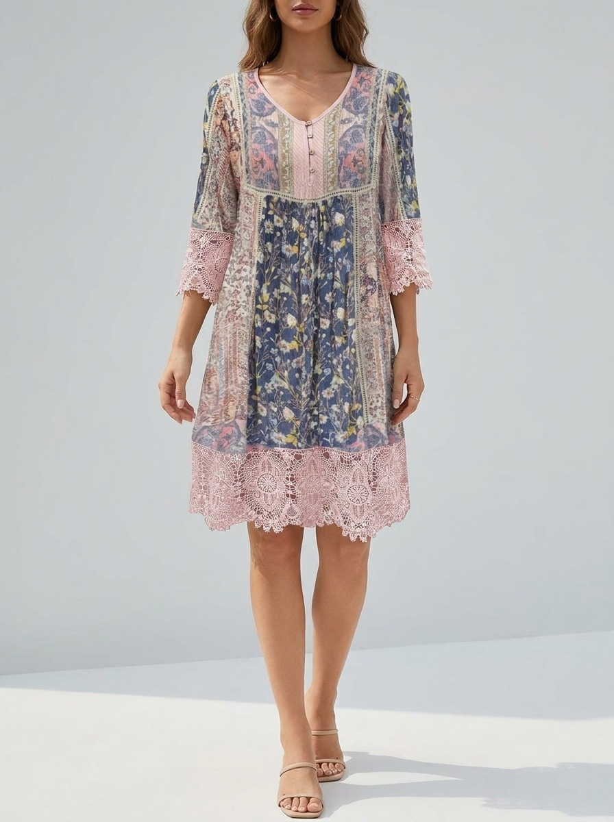 Jacinthe | Women's Bohemian Floral Lace-Trim Tunic Mini Dress