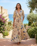 Florence | Women's Satin-Finish Floral Wrap V-Neck Belted Maxi Dress
