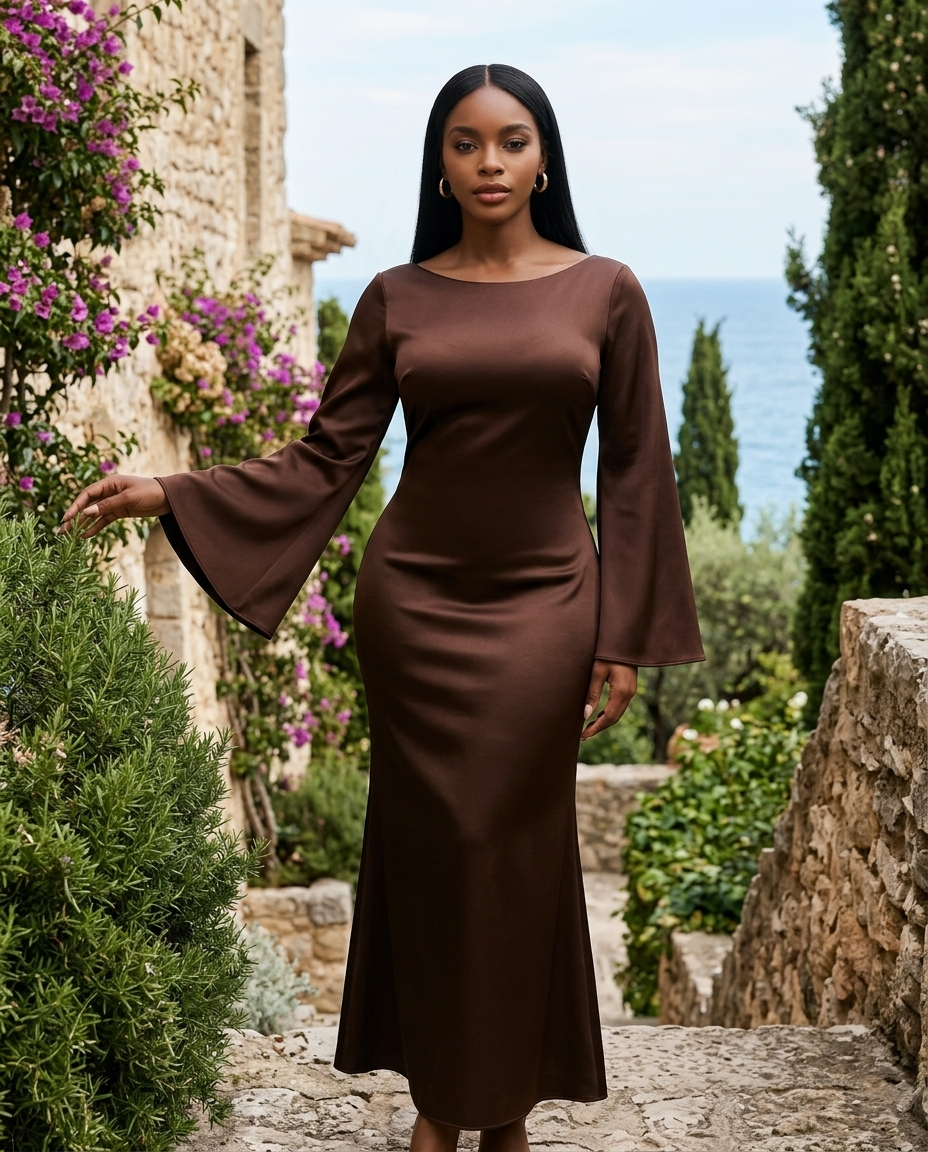Phoebe | Women's Satin Long-Sleeve Scoop-Neck Fishtail Maxi Dress