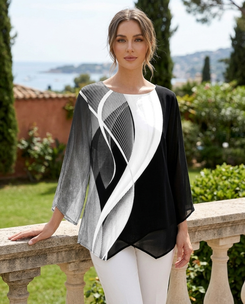 Fleur | Women's Geometric Print Long-Sleeve Relaxed Tunic Top