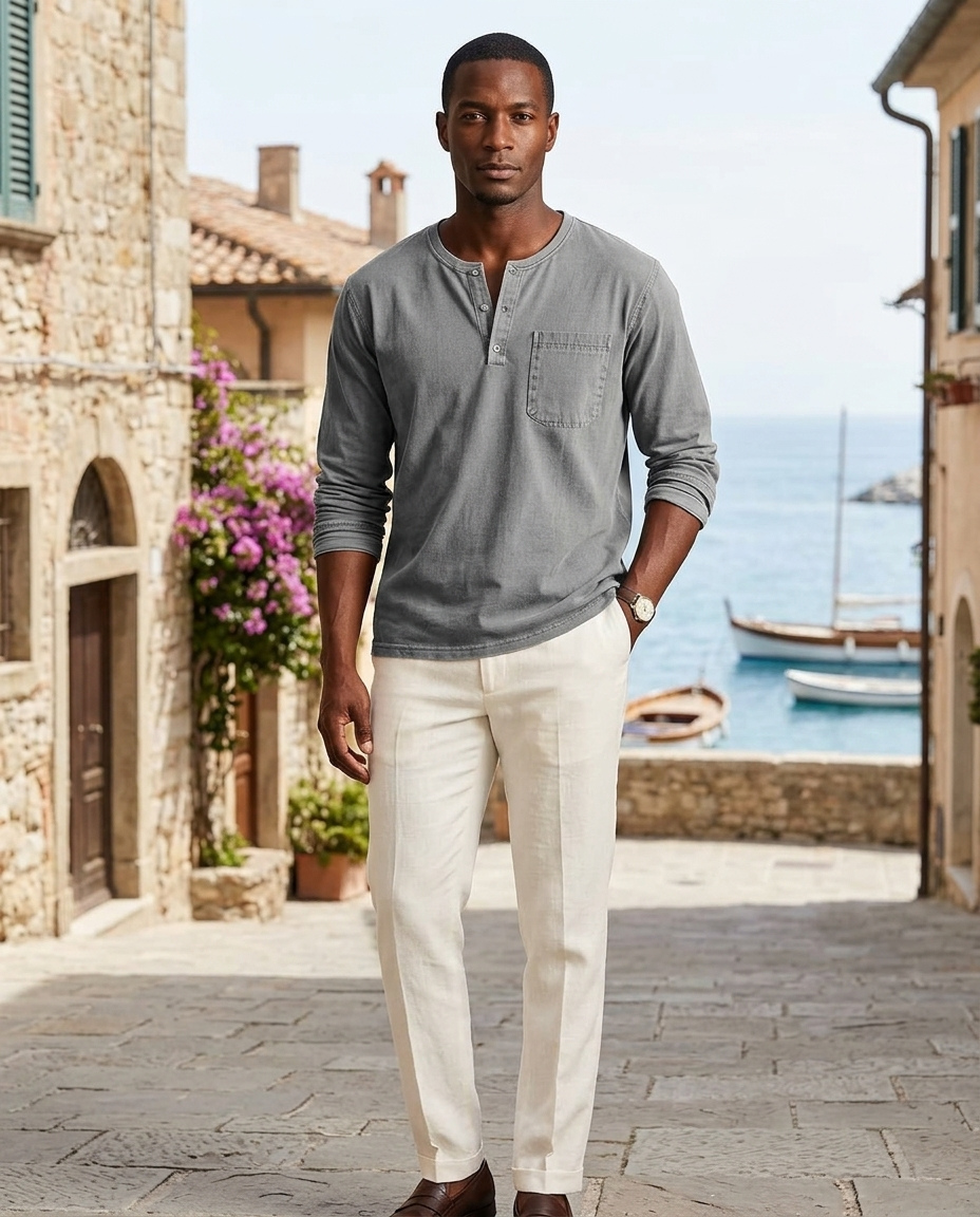 Elijah | Men's Casual Long Sleeve Button Neck Shirt