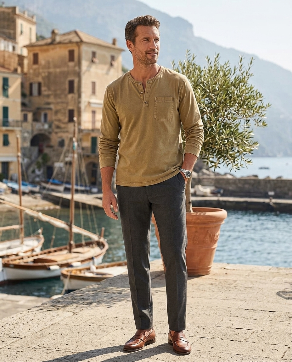 Elijah | Men's Casual Long Sleeve Button Neck Shirt