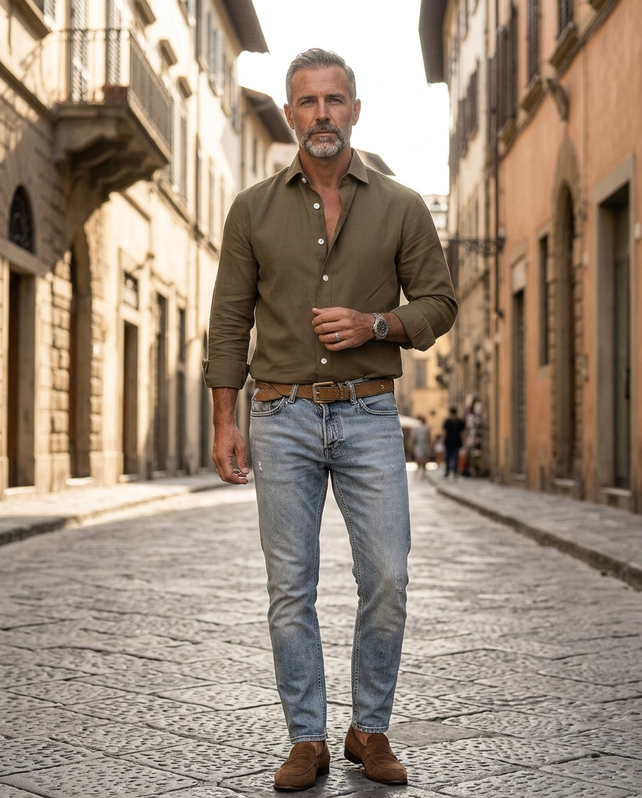 Man wearing brown slim-fit button-down oxford shirt