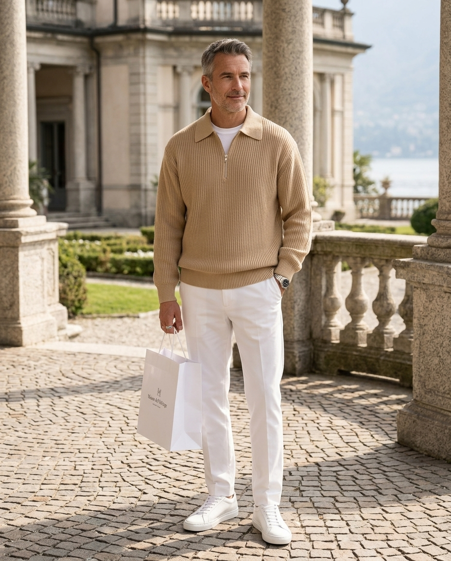 Nicholas Men's Classic Relaxed-Fit Knitted Zip Jumper in Khaki