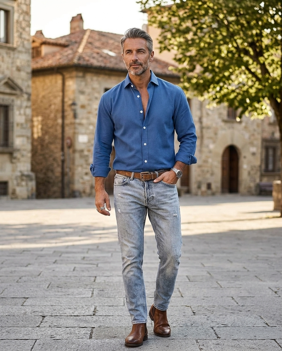 Man wearing blue slim-fit button-down oxford shirt