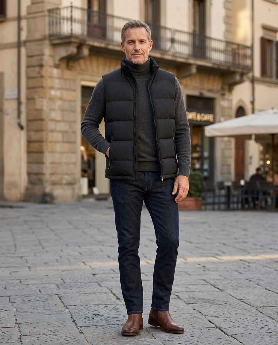 Man wearing black quilted puffer gilet