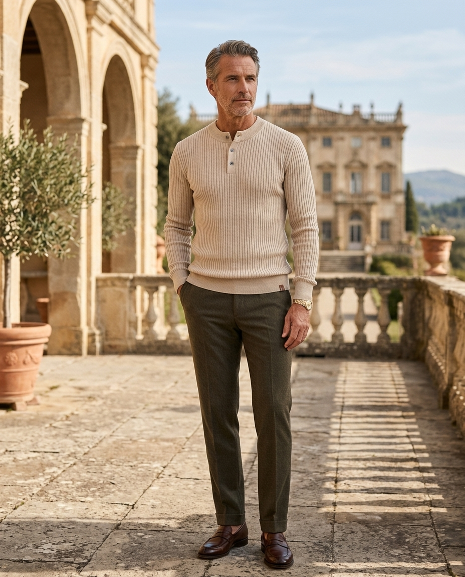 Rupert Men's Button-Neck Crew Neck Jumper in Beige