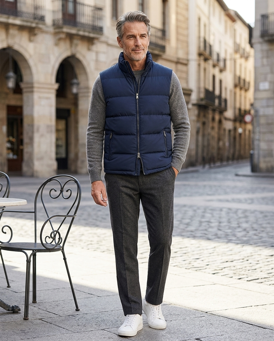 Man wearing blue quilted puffer gilet