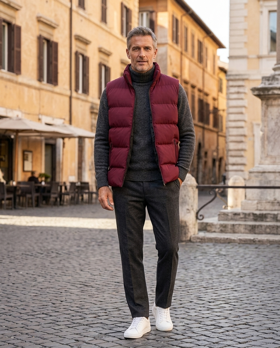 Man wearing red quilted puffer gilet
