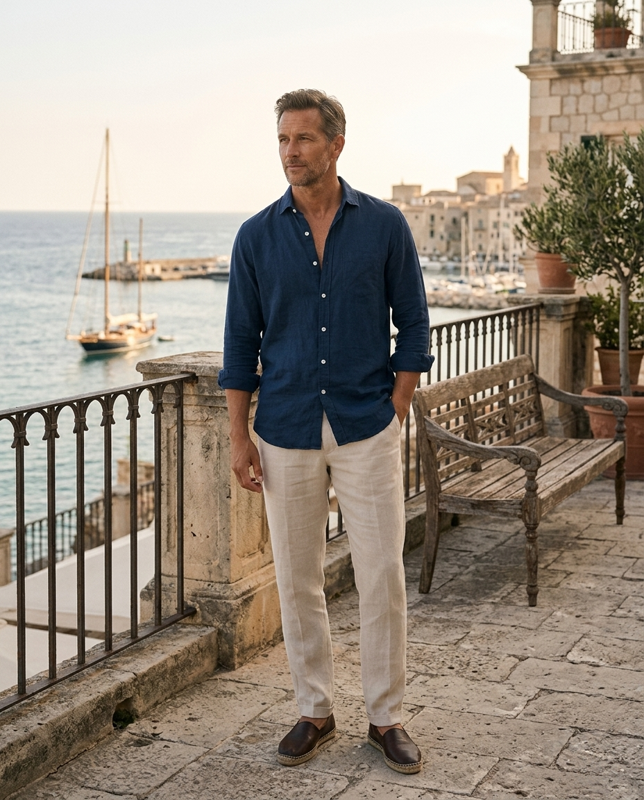 Alaric | Men's Linen Open-Collar Long-Sleeve Shirt in Navy Blue