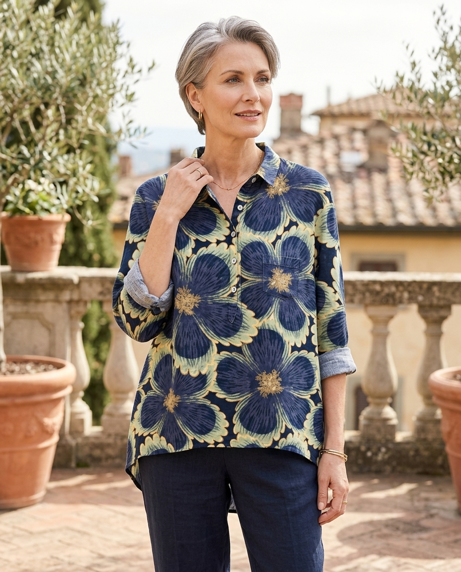 Woman in her early 50s wearing a floral print blouse