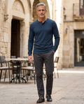 Man wearing navy blue casual long-sleeve button shirt