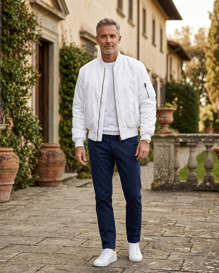 Reginald Men's Quilted-Lined Bomber Jacket in White