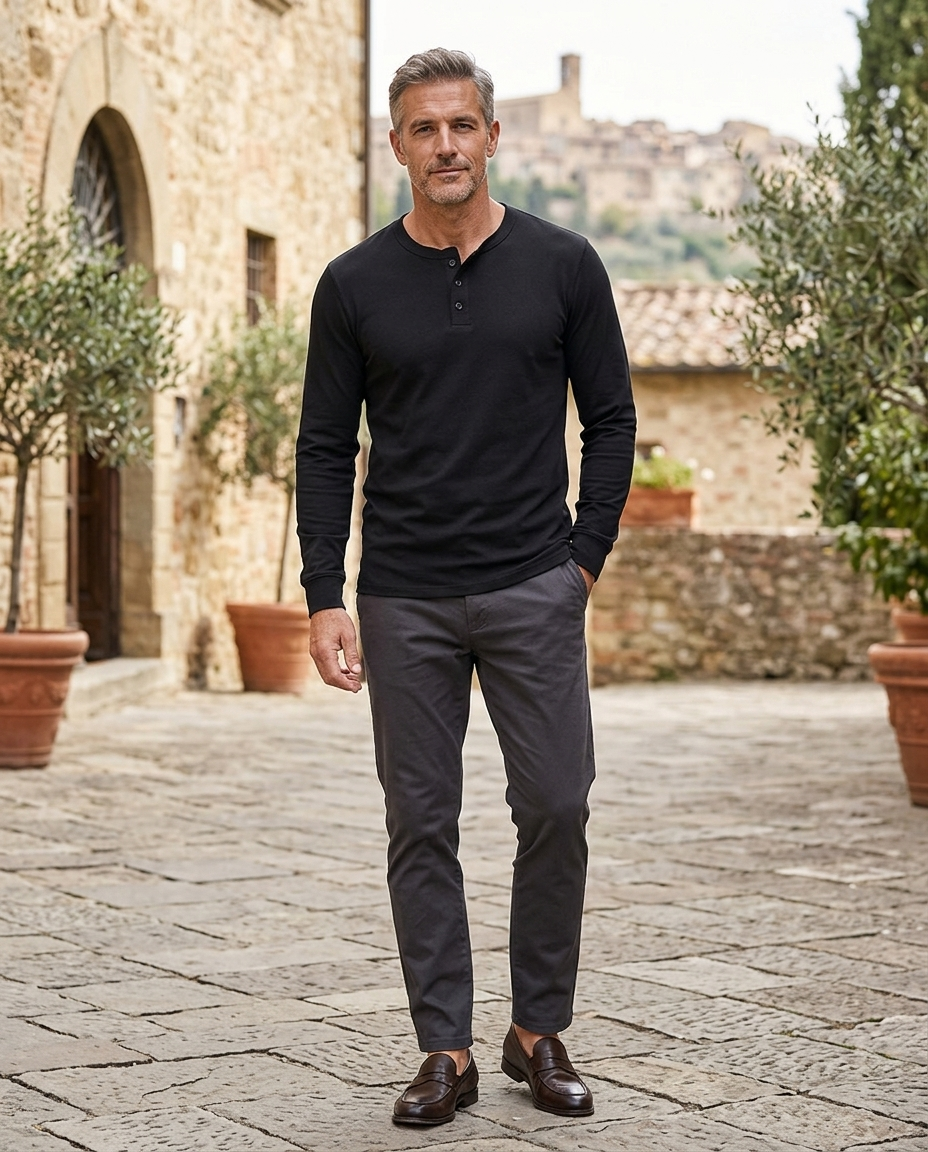 Man wearing black casual long-sleeve button shirt