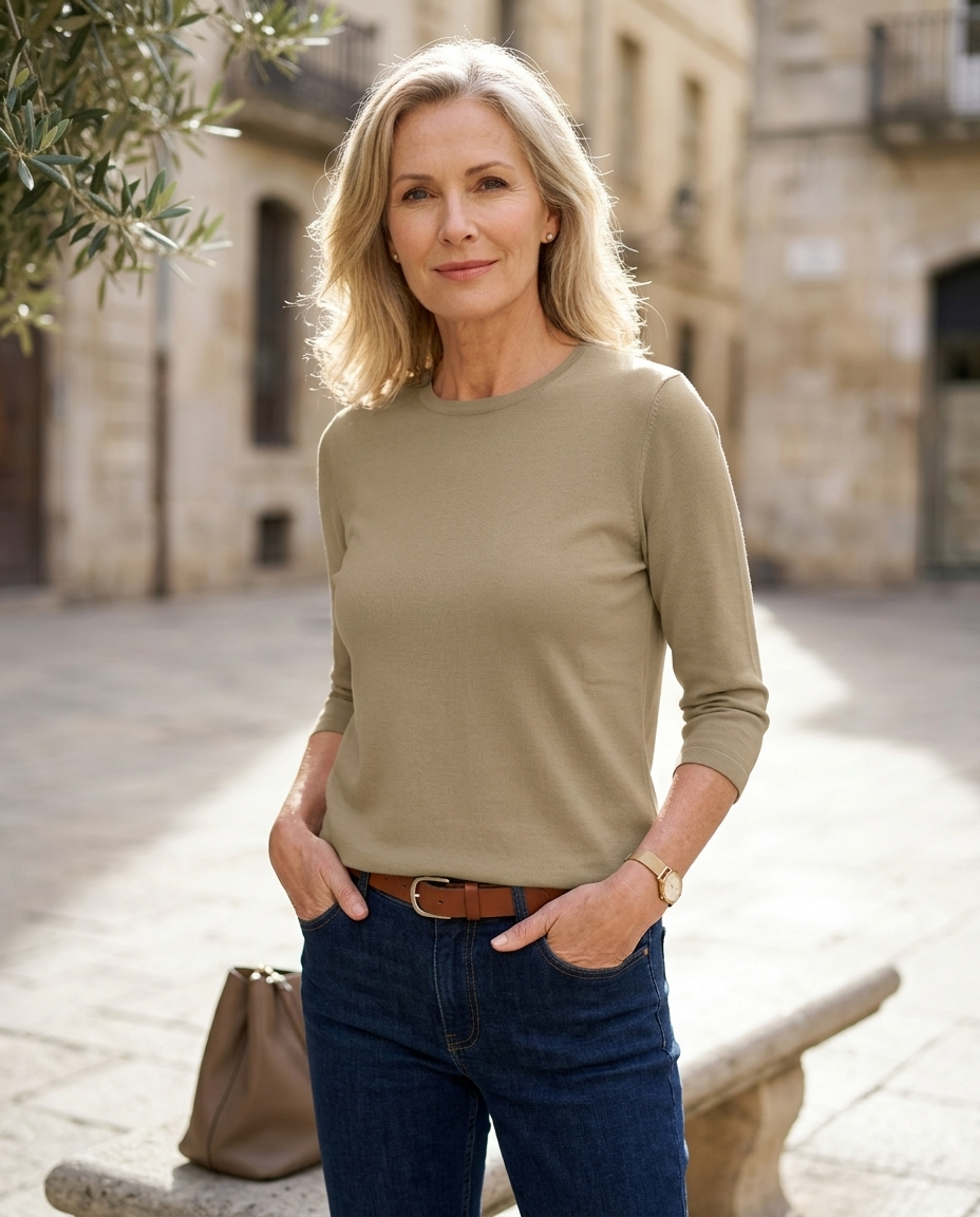 Woman in her early 50s wearing a khaki crew neck three-quarter sleeve top
