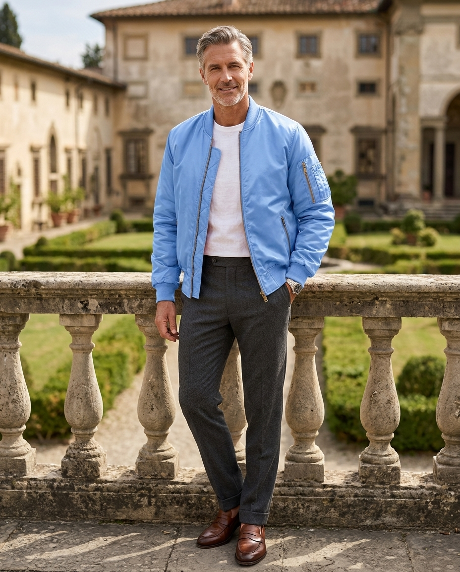Reginald Men's Quilted-Lined Bomber Jacket in Light Blue