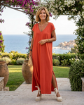 Xanthe | Women's V-Neck Short-Sleeve Side-Slit Maxi Dress