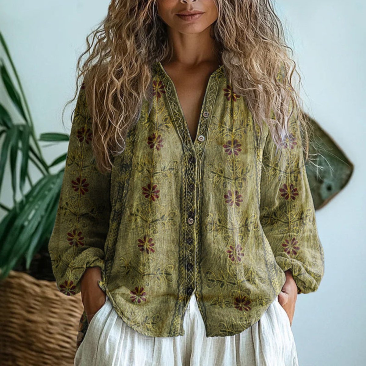 Cosette | Women's Boho Linen Button-Down Blouse