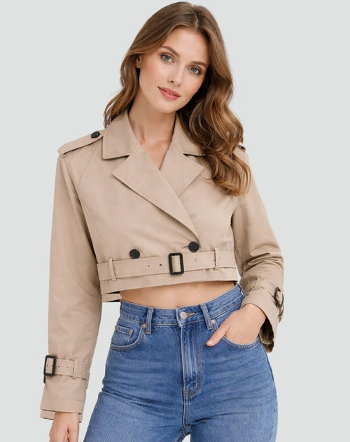 Amelia | Women's Cropped Double-Breasted Belted Trench Coat Jacket