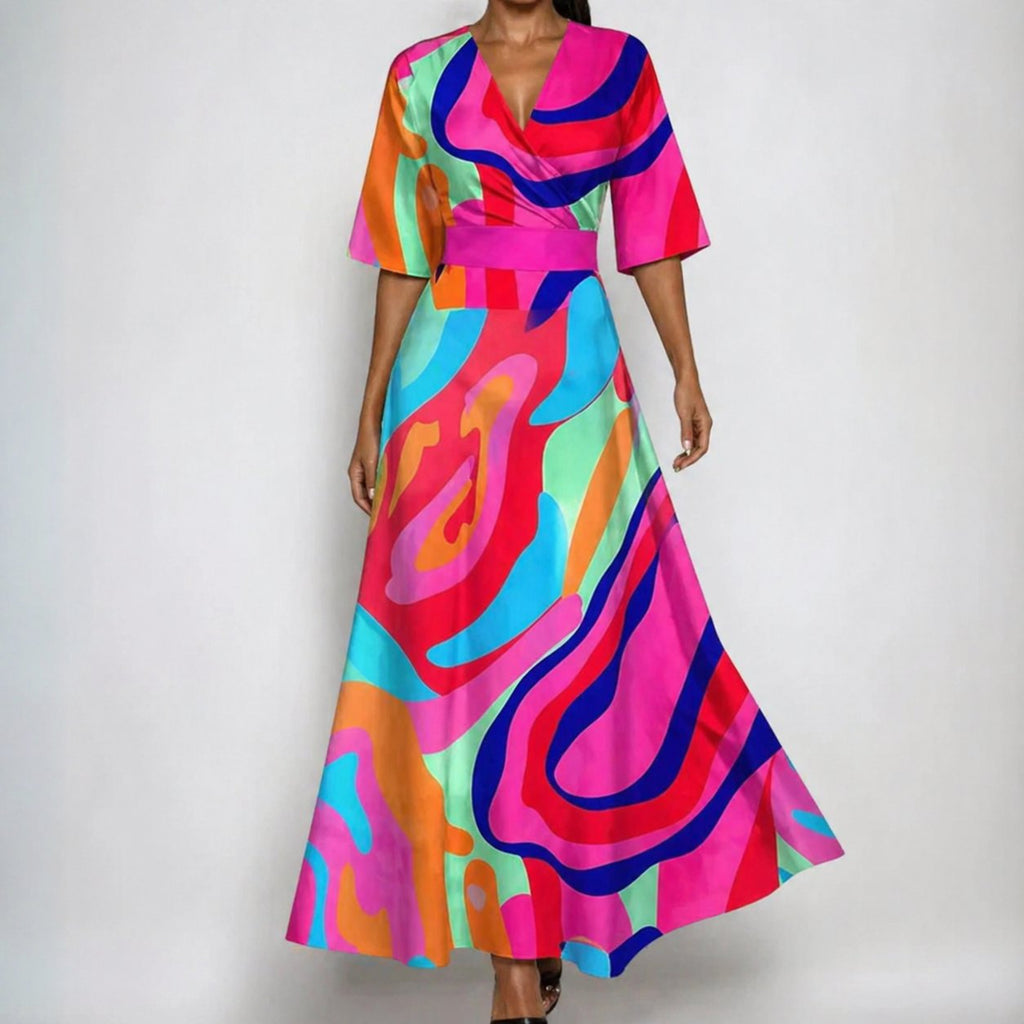 Florence | Women's Satin-Finish Floral Wrap V-Neck Belted Maxi Dress
